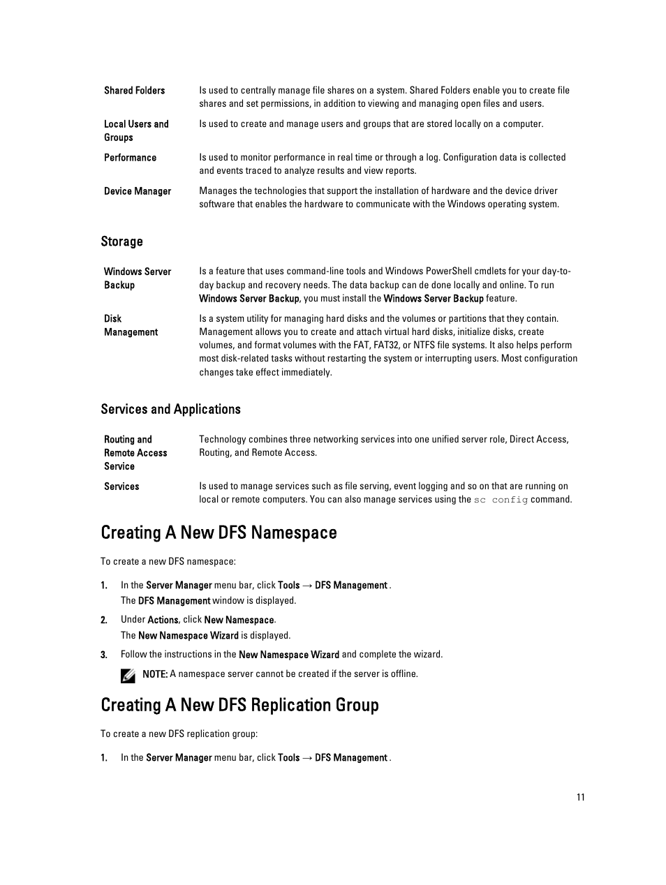 Storage, Services and applications, Creating a new dfs namespace | Creating a new dfs replication group | Dell Powervault NX400 User Manual | Page 11 / 34