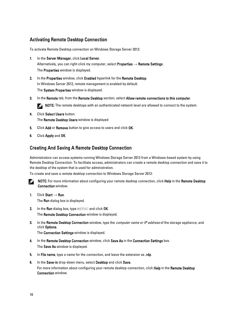 Activating remote desktop connection, Creating and saving a remote desktop connection | Dell Powervault NX400 User Manual | Page 16 / 34