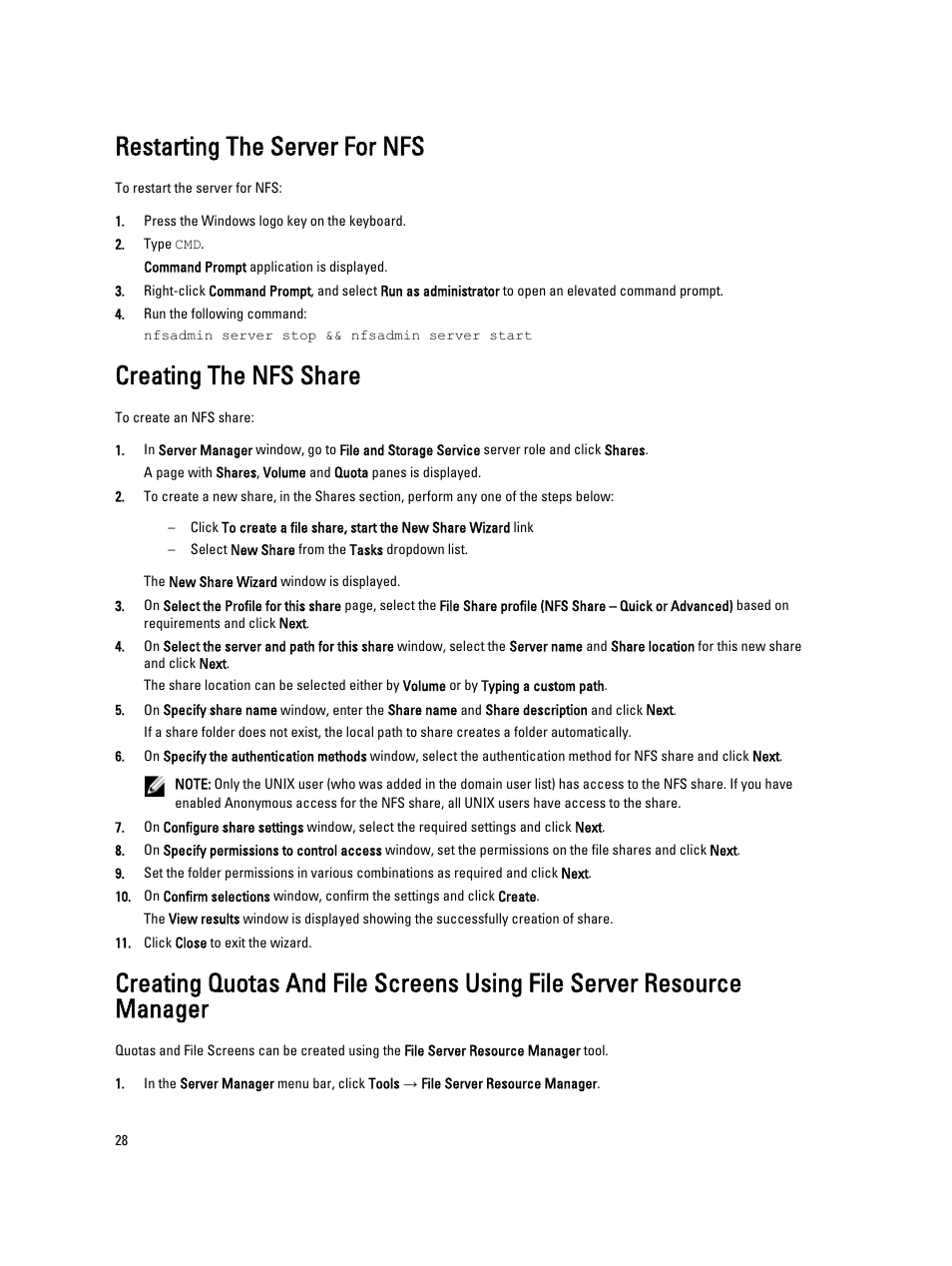Restarting the server for nfs, Creating the nfs share | Dell Powervault NX400 User Manual | Page 28 / 34