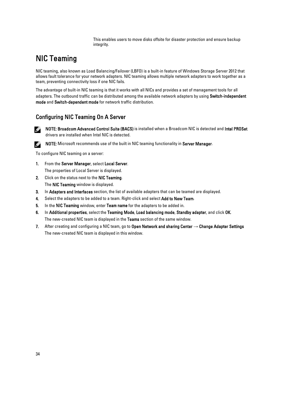 Nic teaming, Configuring nic teaming on a server | Dell Powervault NX400 User Manual | Page 34 / 34