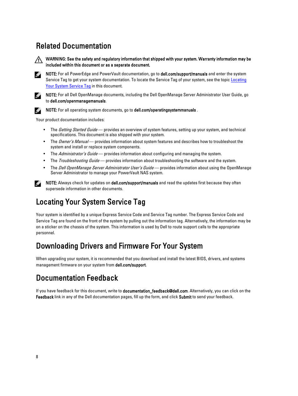 Related documentation, Locating your system service tag, Downloading drivers and firmware for your system | Documentation feedback | Dell Powervault NX400 User Manual | Page 8 / 34