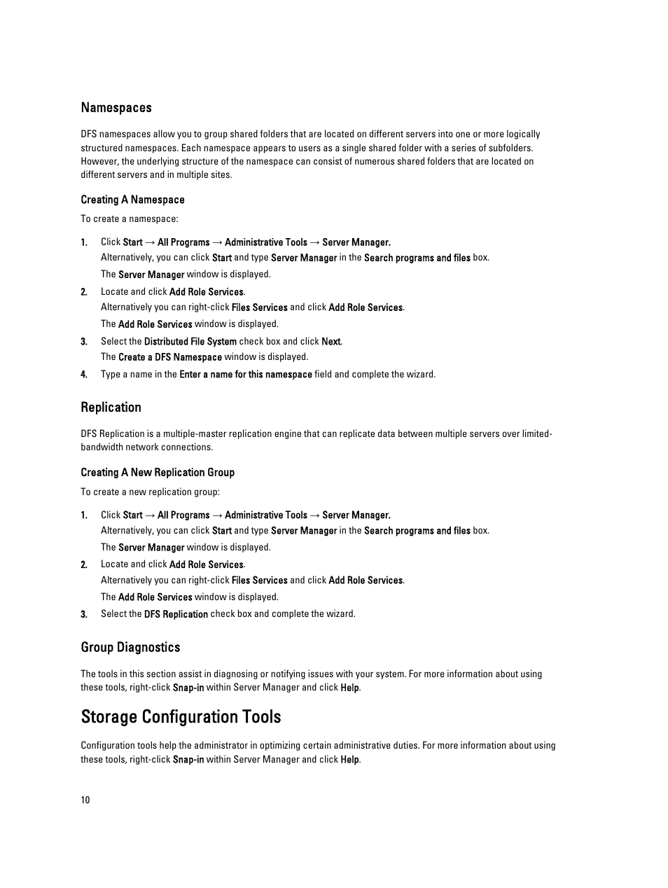 Namespaces, Creating a namespace, Replication | Creating a new replication group, Group diagnostics, Storage configuration tools | Dell PowerVault NX3000 User Manual | Page 10 / 29