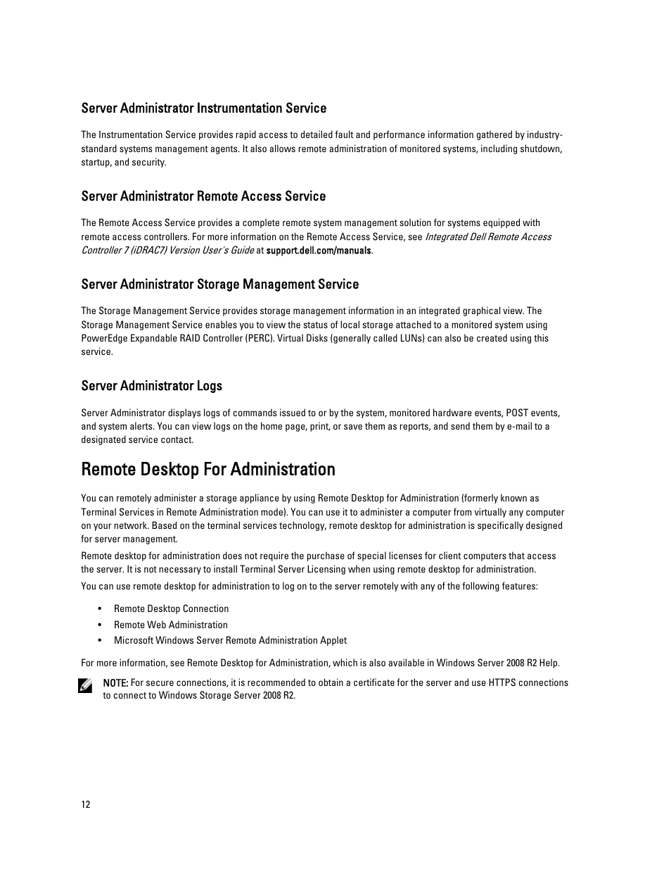 Server administrator instrumentation service, Server administrator remote access service, Server administrator storage management service | Server administrator logs, Remote desktop for administration | Dell PowerVault NX3000 User Manual | Page 12 / 29