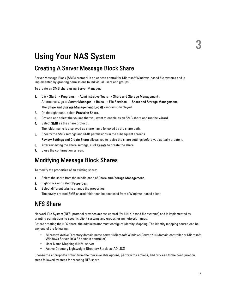 Using your nas system, Creating a server message block share, Modifying message block shares | Nfs share, 3 using your nas system | Dell PowerVault NX3000 User Manual | Page 15 / 29