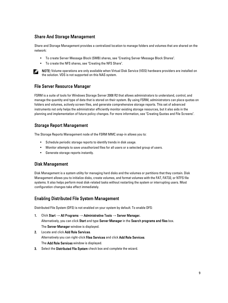 Share and storage management, File server resource manager, Storage report management | Disk management, Enabling distributed file system management | Dell PowerVault NX3000 User Manual | Page 9 / 29