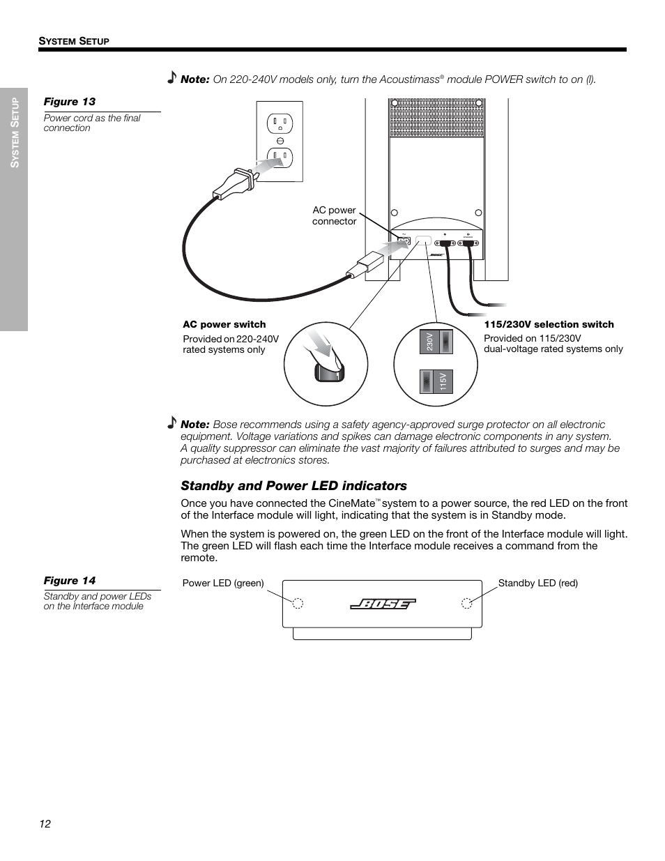 Standby and power led indicators | Bose Cinemate Digital Home Theater Speaker System User Manual | Page 12 / 24
