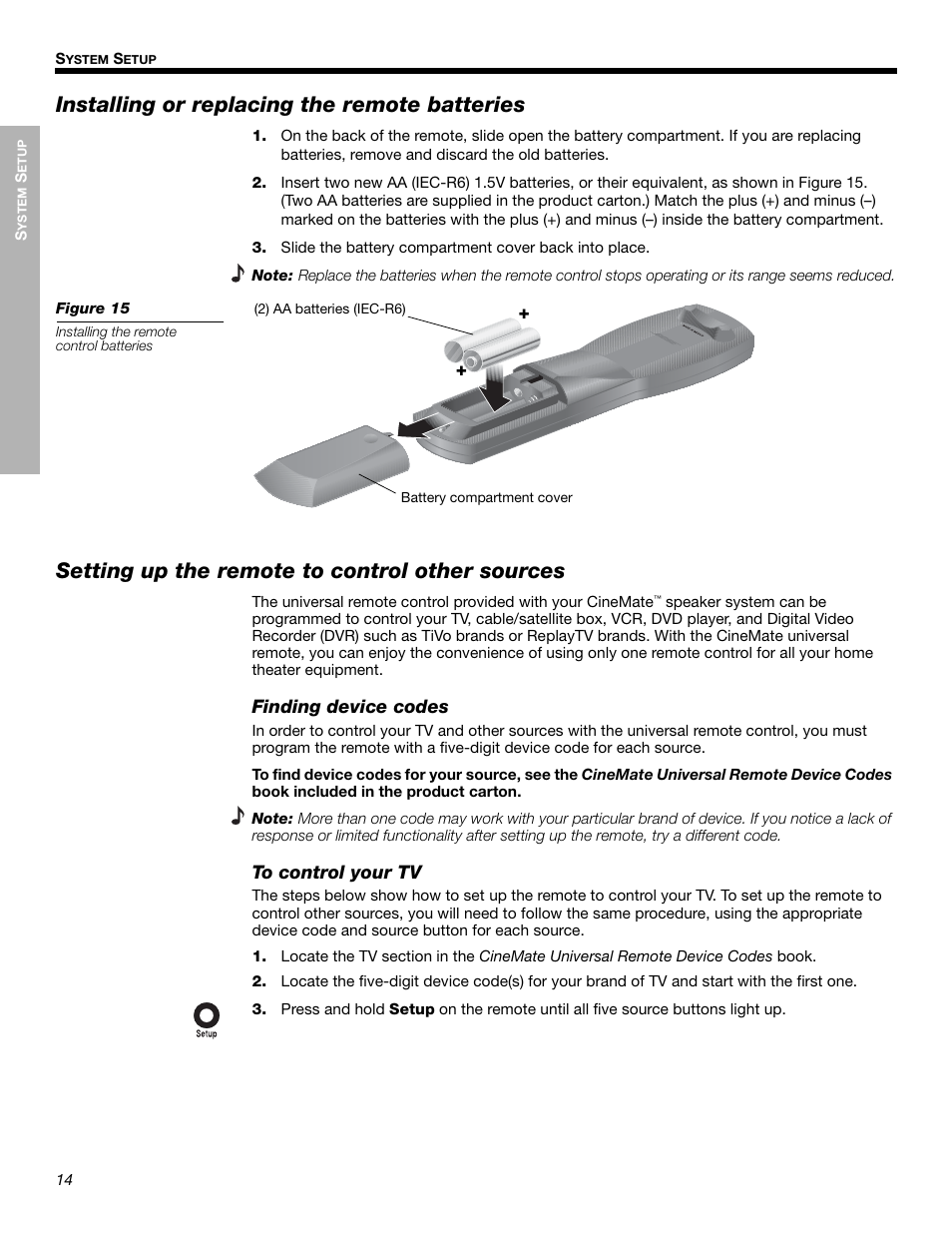 Installing or replacing the remote batteries, Setting up the remote to control other sources | Bose Cinemate Digital Home Theater Speaker System User Manual | Page 14 / 24