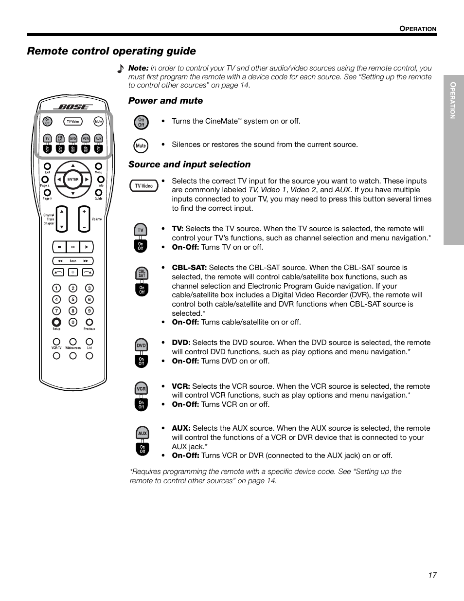 Remote control operating guide | Bose Cinemate Digital Home Theater Speaker System User Manual | Page 17 / 24