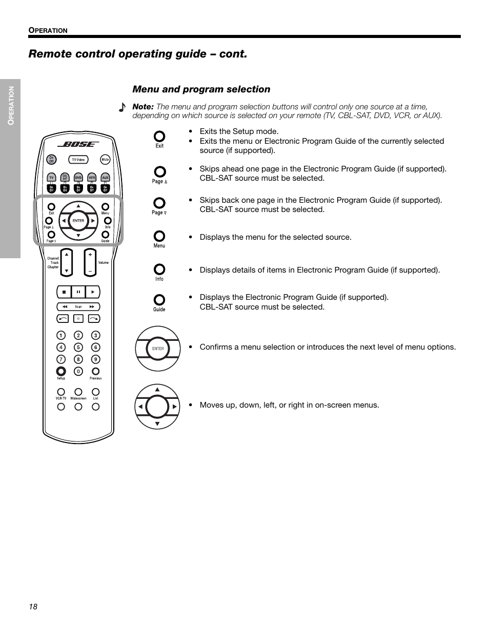 Remote control operating guide – cont | Bose Cinemate Digital Home Theater Speaker System User Manual | Page 18 / 24