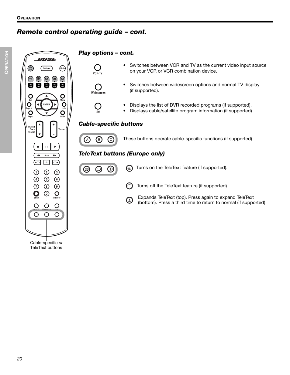 Remote control operating guide – cont | Bose Cinemate Digital Home Theater Speaker System User Manual | Page 20 / 24