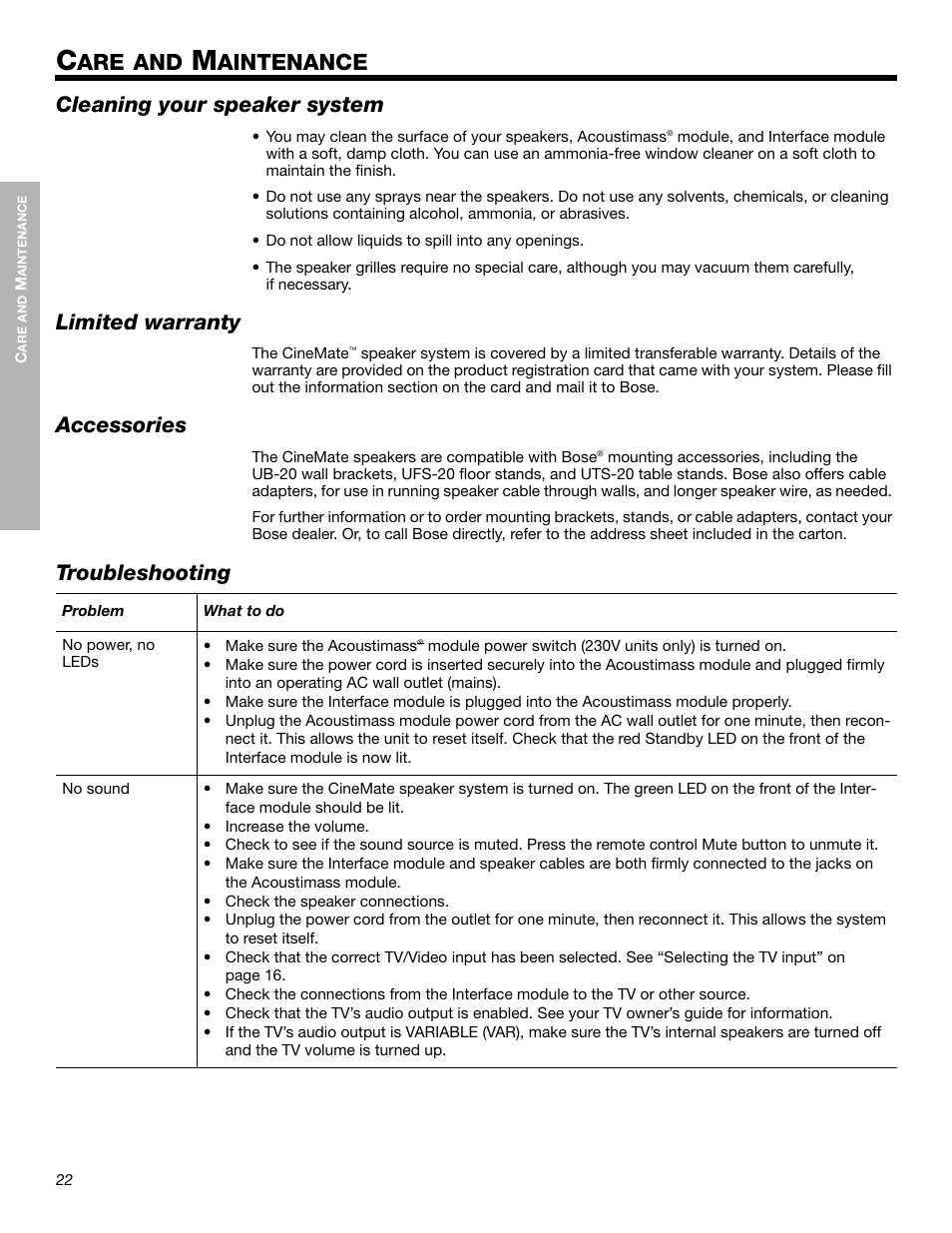 Are and, Aintenance, Cleaning your speaker system | Limited warranty, Accessories, Troubleshooting | Bose Cinemate Digital Home Theater Speaker System User Manual | Page 22 / 24