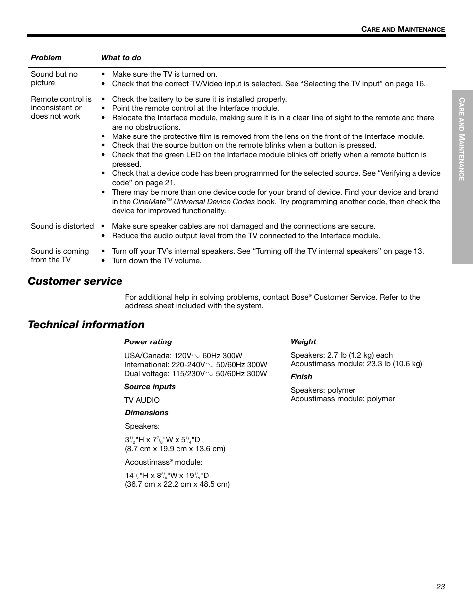 Customer service, Technical information | Bose Cinemate Digital Home Theater Speaker System User Manual | Page 23 / 24