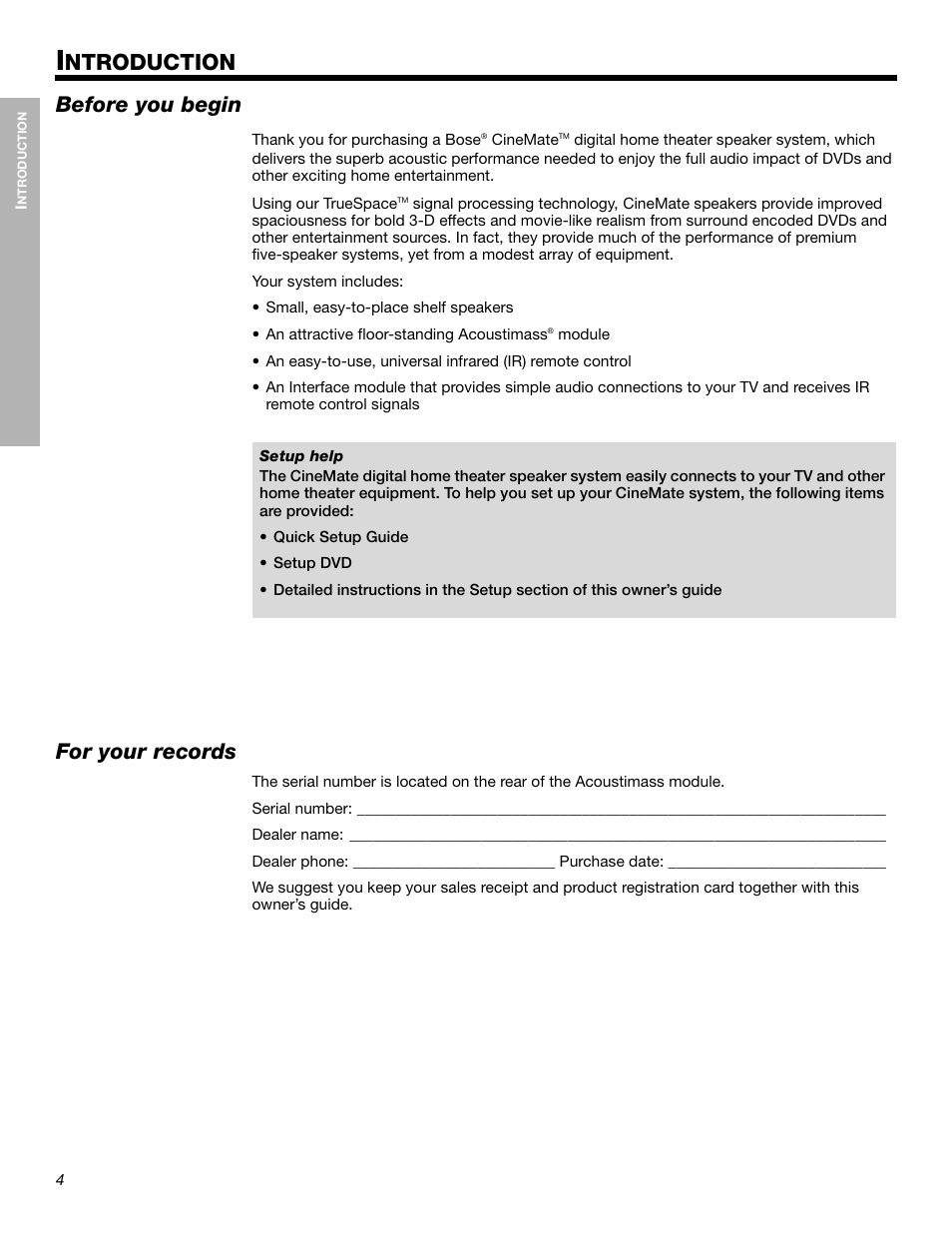 Ntroduction, Before you begin, For your records | Bose Cinemate Digital Home Theater Speaker System User Manual | Page 4 / 24