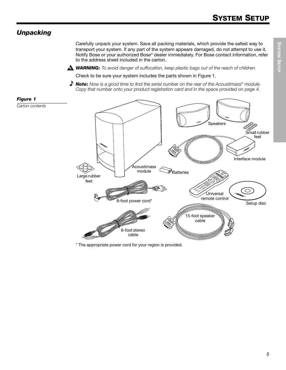 Ystem, Etup, Unpacking | Bose Cinemate Digital Home Theater Speaker System User Manual | Page 5 / 24