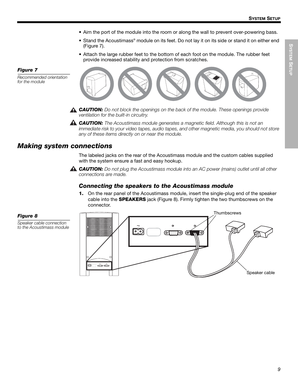 Making system connections, Connecting the speakers to the acoustimass module | Bose Cinemate Digital Home Theater Speaker System User Manual | Page 9 / 24