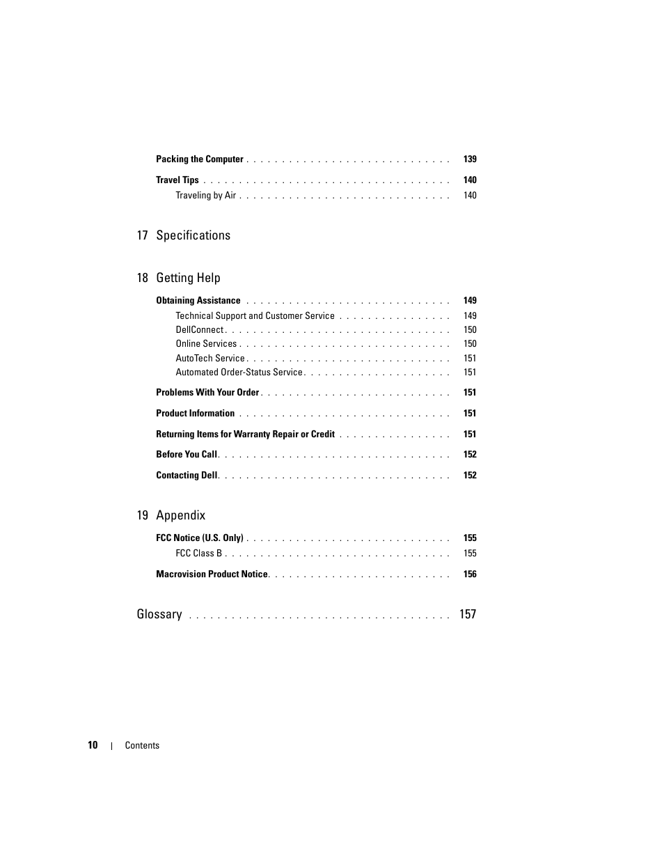 17 specifications 18 getting help, 19 appendix, Glossary | Dell Latitude D630 ATG (Mid 2007) User Manual | Page 10 / 166