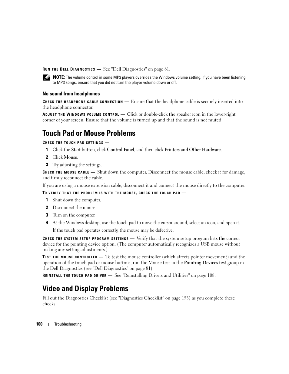 No sound from headphones, Touch pad or mouse problems, Video and display problems | Dell Latitude D630 ATG (Mid 2007) User Manual | Page 100 / 166