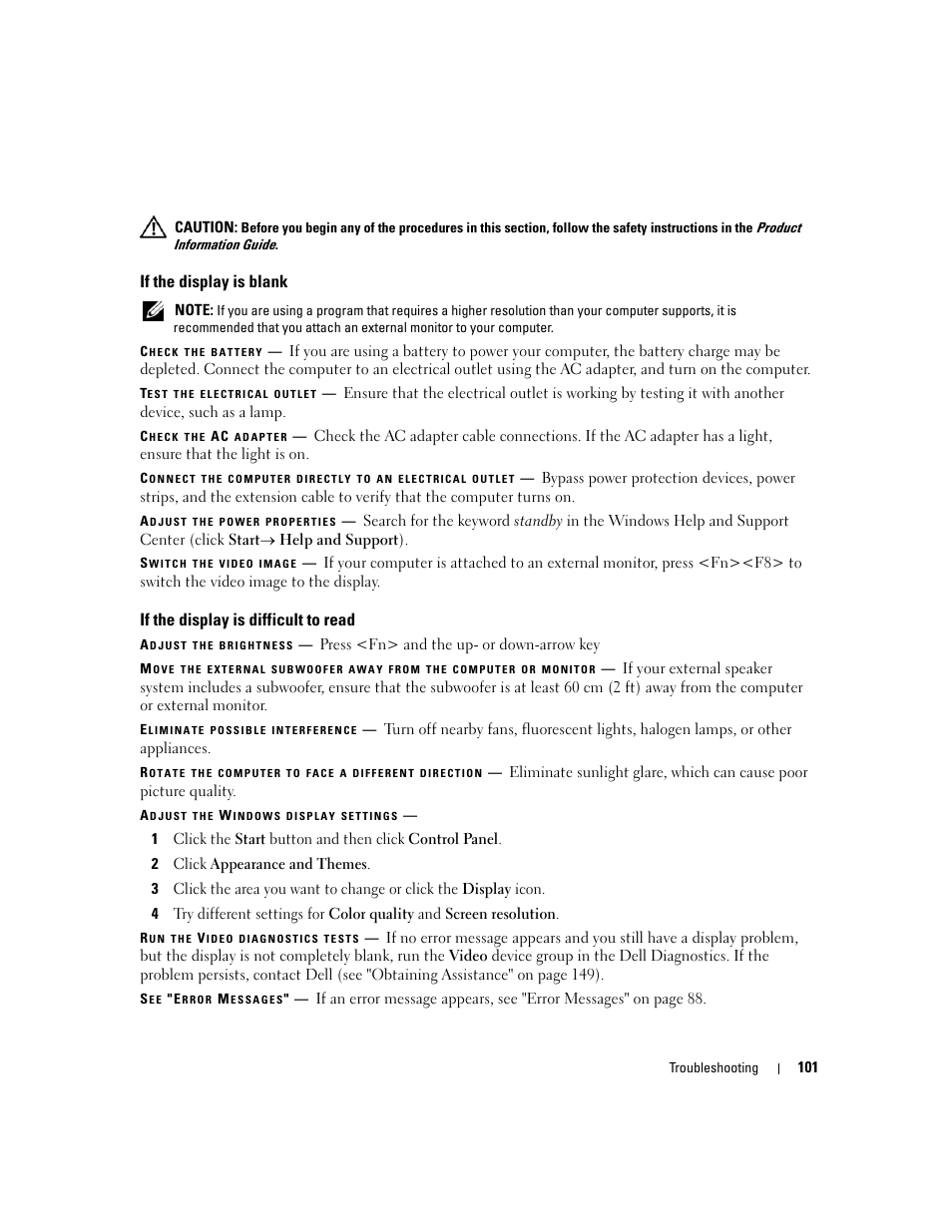 If the display is blank, If the display is difficult to read | Dell Latitude D630 ATG (Mid 2007) User Manual | Page 101 / 166