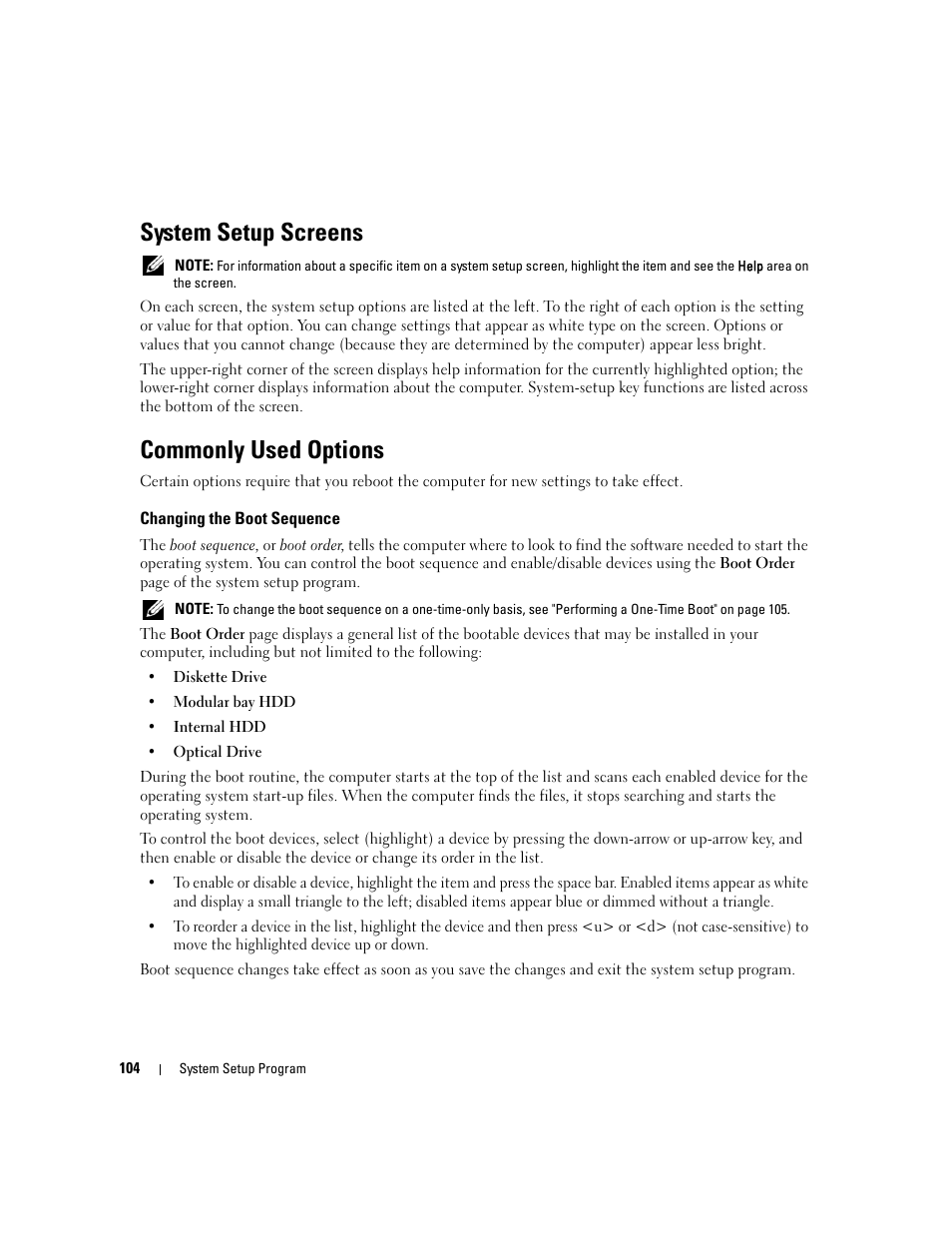 System setup screens, Commonly used options, Changing the boot sequence | Dell Latitude D630 ATG (Mid 2007) User Manual | Page 104 / 166