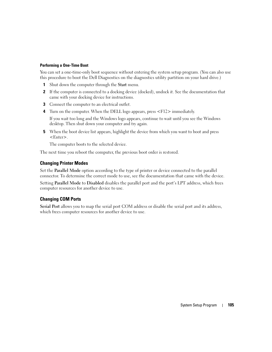 Changing printer modes, Changing com ports | Dell Latitude D630 ATG (Mid 2007) User Manual | Page 105 / 166