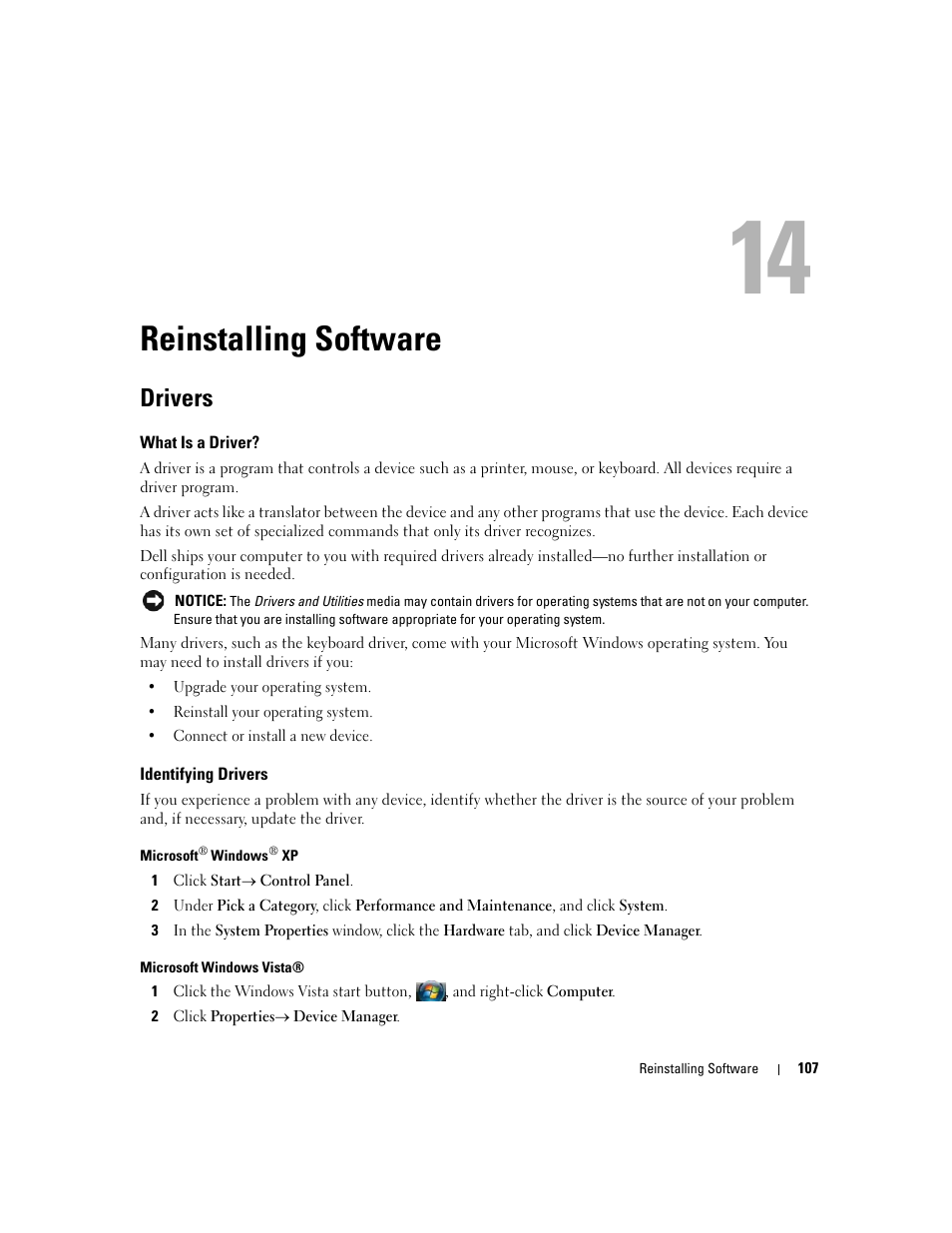 Reinstalling software, Drivers, What is a driver | Identifying drivers, 13 reinstalling software | Dell Latitude D630 ATG (Mid 2007) User Manual | Page 107 / 166