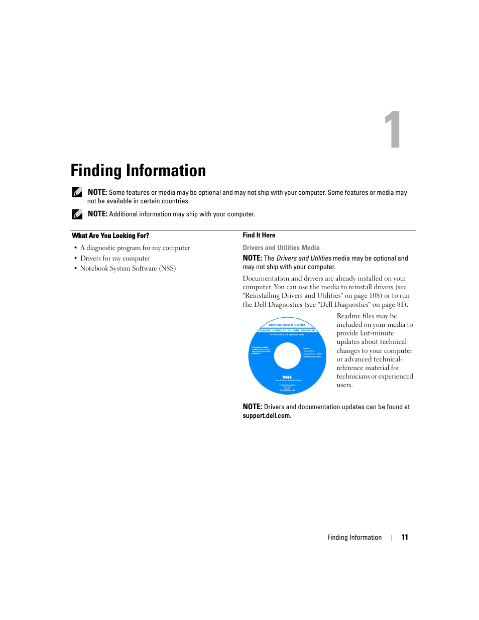 Finding information, 1 finding information | Dell Latitude D630 ATG (Mid 2007) User Manual | Page 11 / 166