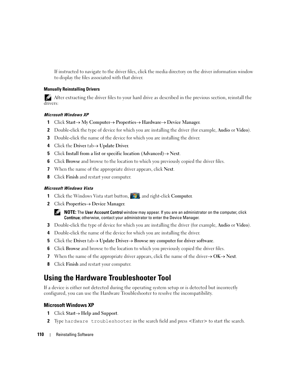 Using the hardware troubleshooter tool, Microsoft windows xp | Dell Latitude D630 ATG (Mid 2007) User Manual | Page 110 / 166