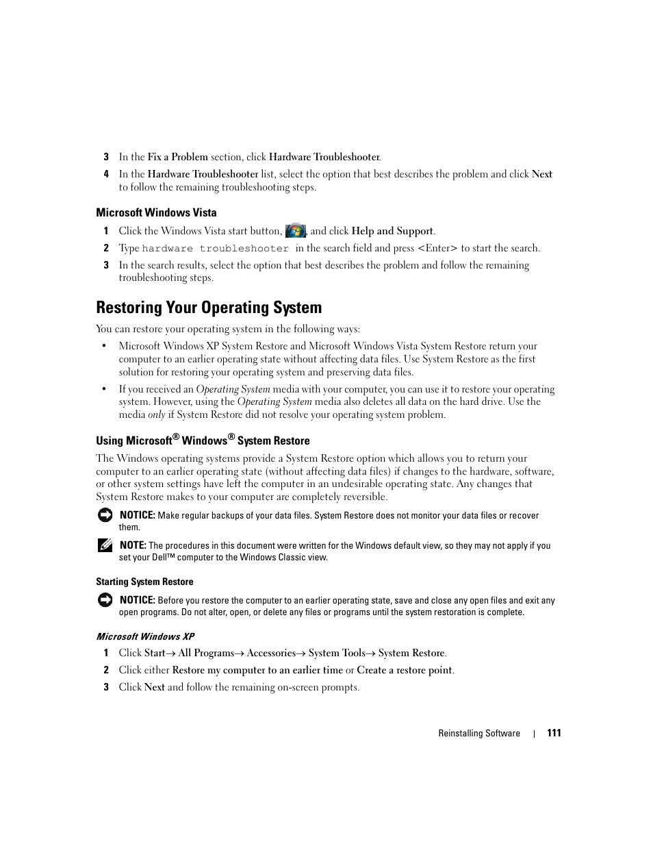 Microsoft windows vista, Restoring your operating system, Using microsoft® windows® system restore | Using microsoft | Dell Latitude D630 ATG (Mid 2007) User Manual | Page 111 / 166