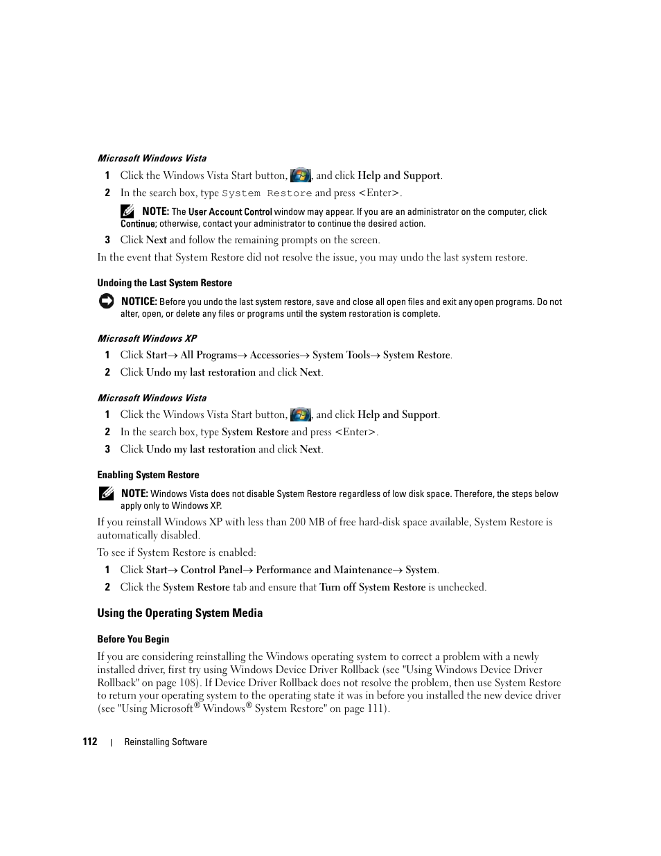 Using the operating system media | Dell Latitude D630 ATG (Mid 2007) User Manual | Page 112 / 166