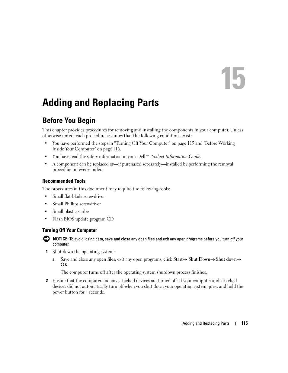 Adding and replacing parts, Before you begin, Recommended tools | Turning off your computer, 14 adding and replacing parts | Dell Latitude D630 ATG (Mid 2007) User Manual | Page 115 / 166