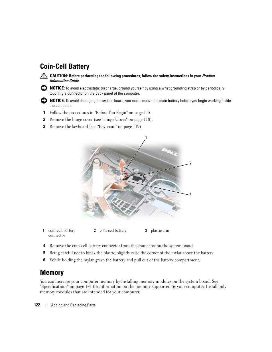 Coin-cell battery, Memory | Dell Latitude D630 ATG (Mid 2007) User Manual | Page 122 / 166