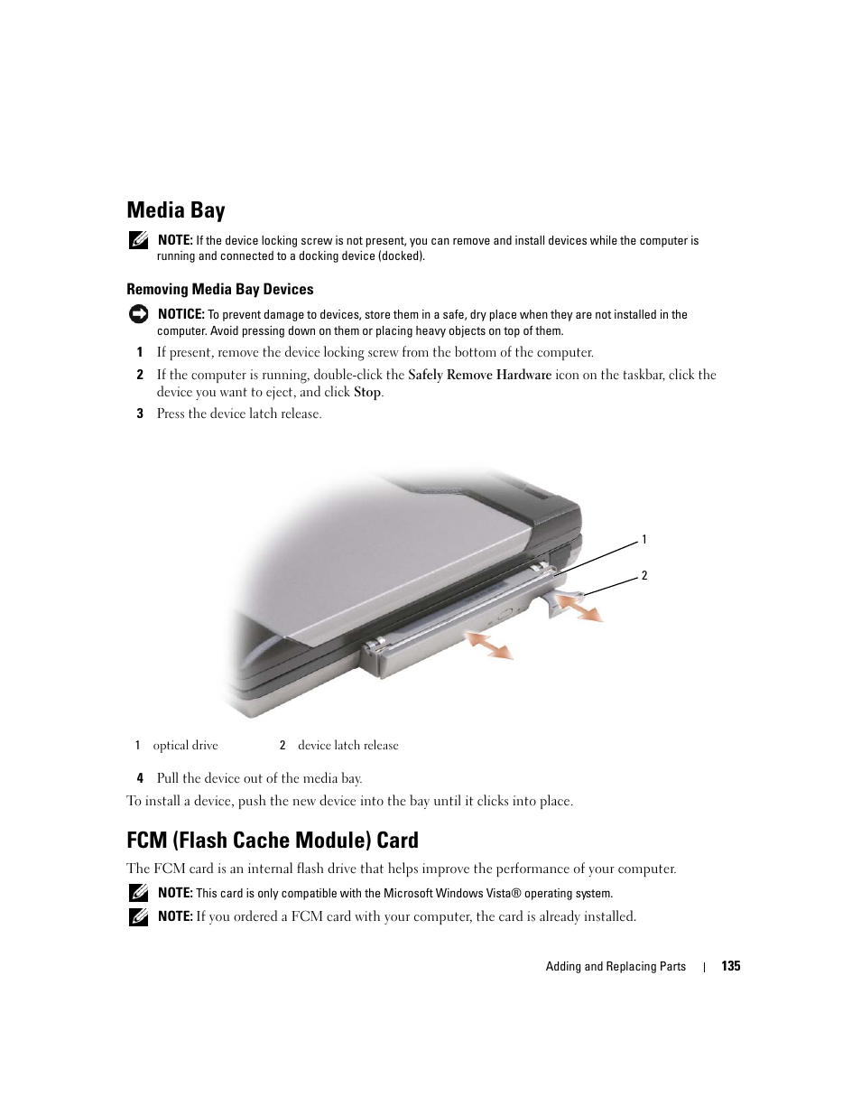 Media bay, Removing media bay devices, Fcm (flash cache module) card | Dell Latitude D630 ATG (Mid 2007) User Manual | Page 135 / 166
