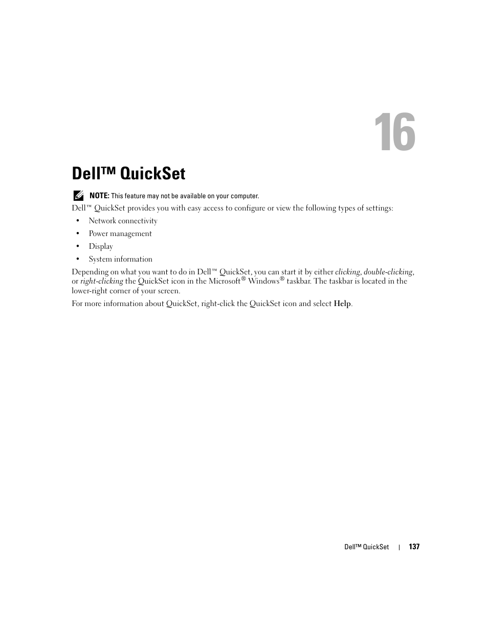 Dell™ quickset, 15 dell™ quickset, Dell™ quickset" on | Dell Latitude D630 ATG (Mid 2007) User Manual | Page 137 / 166