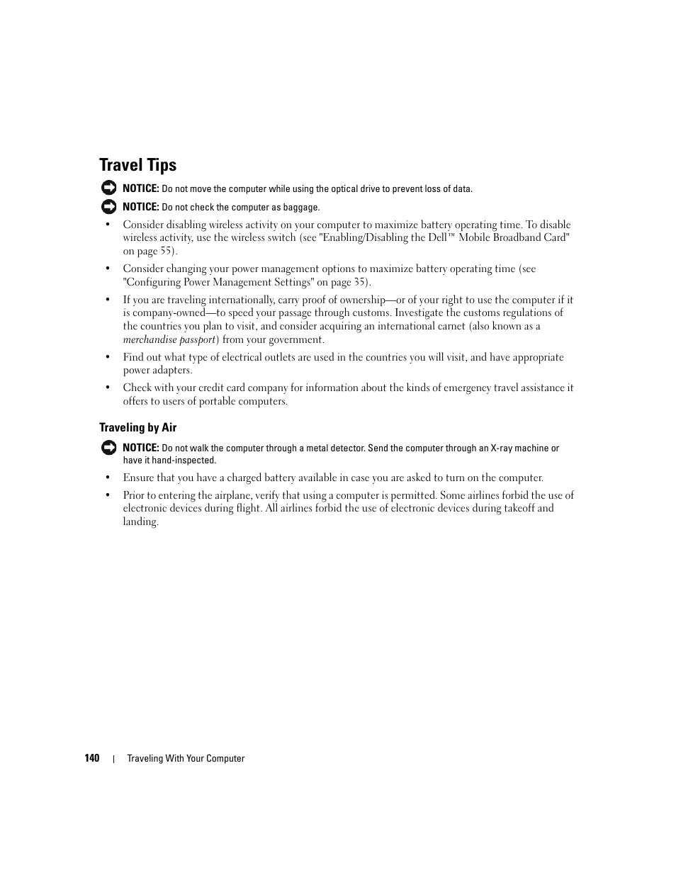 Travel tips, Traveling by air | Dell Latitude D630 ATG (Mid 2007) User Manual | Page 140 / 166