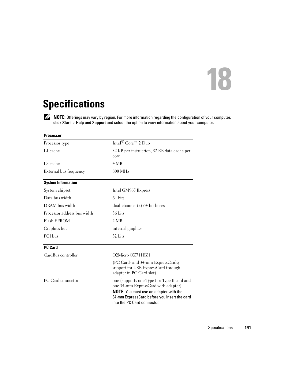 Specifications, 17 specifications | Dell Latitude D630 ATG (Mid 2007) User Manual | Page 141 / 166