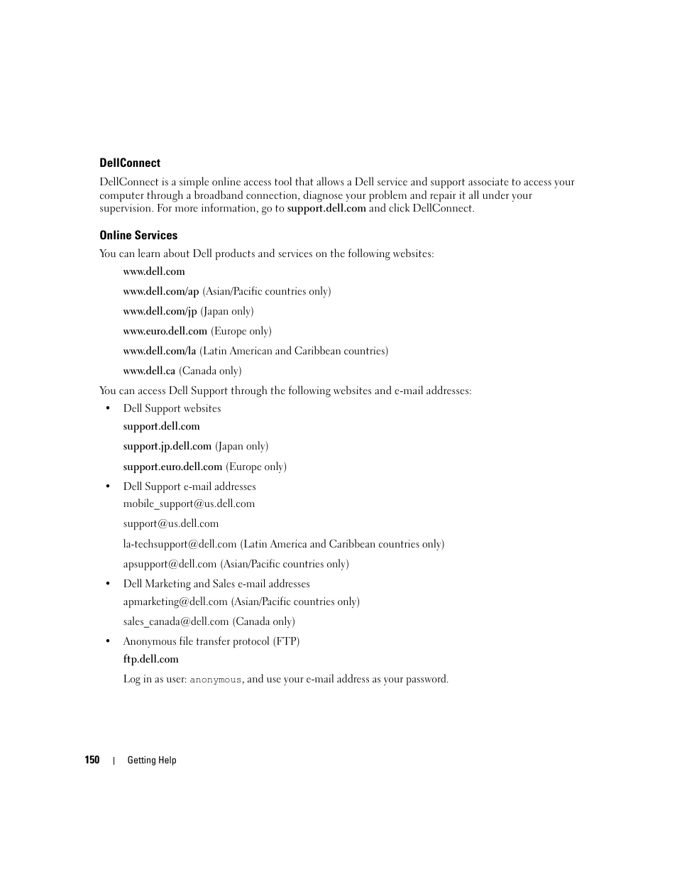 Dellconnect, Online services | Dell Latitude D630 ATG (Mid 2007) User Manual | Page 150 / 166