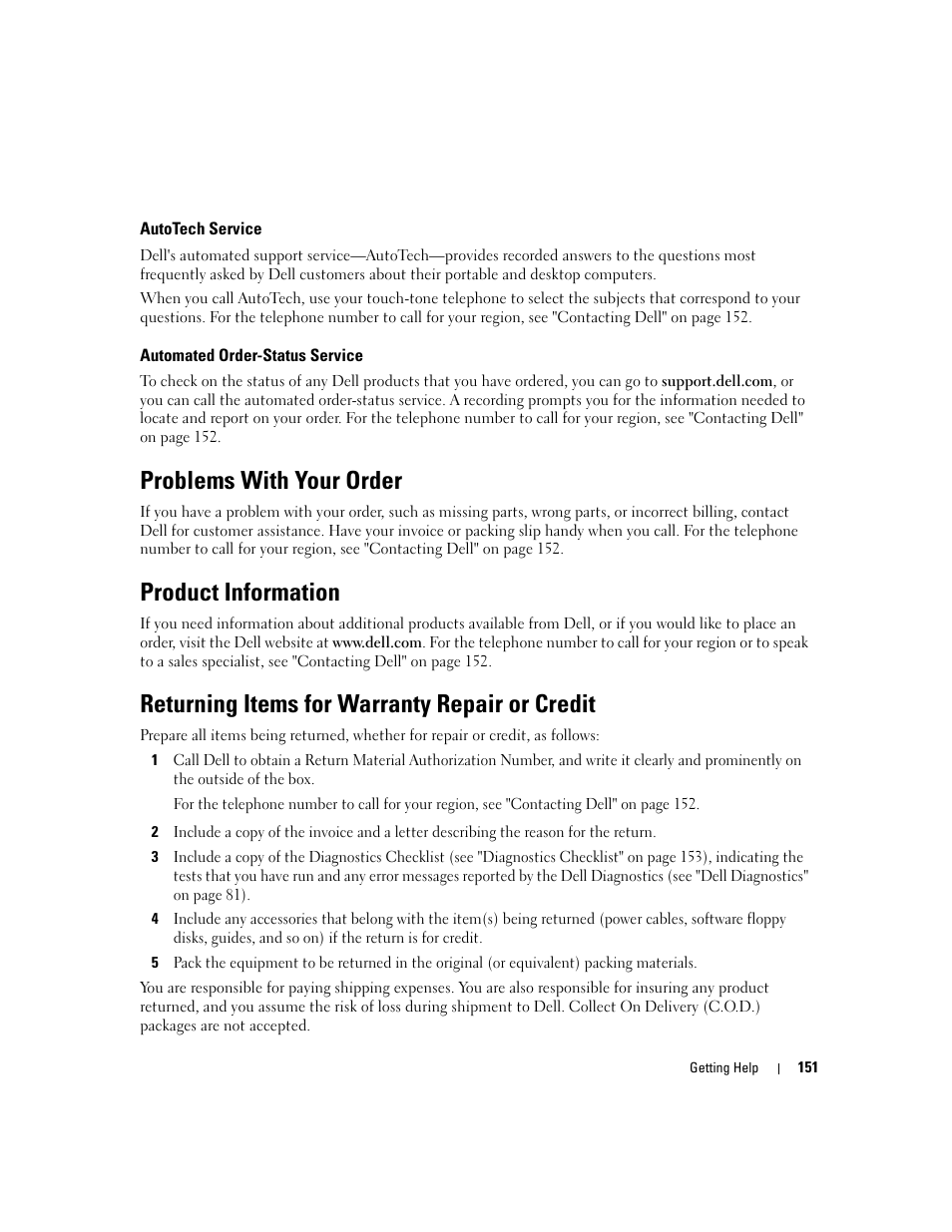 Autotech service, Automated order-status service, Problems with your order | Product information, Returning items for warranty repair or credit | Dell Latitude D630 ATG (Mid 2007) User Manual | Page 151 / 166
