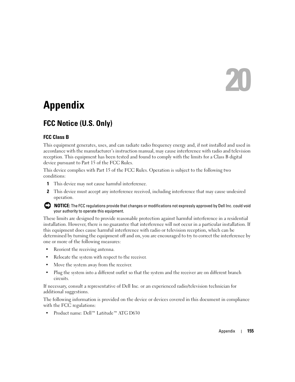 Appendix, Fcc notice (u.s. only), Fcc class b | 19 appendix | Dell Latitude D630 ATG (Mid 2007) User Manual | Page 155 / 166