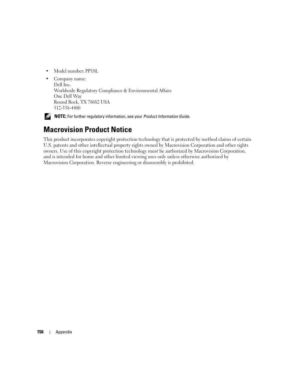 Macrovision product notice | Dell Latitude D630 ATG (Mid 2007) User Manual | Page 156 / 166