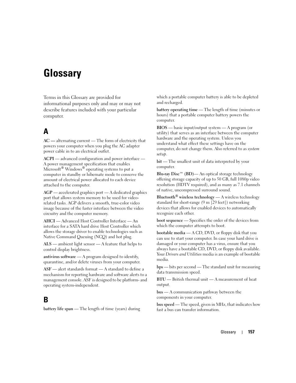 Glossary | Dell Latitude D630 ATG (Mid 2007) User Manual | Page 157 / 166