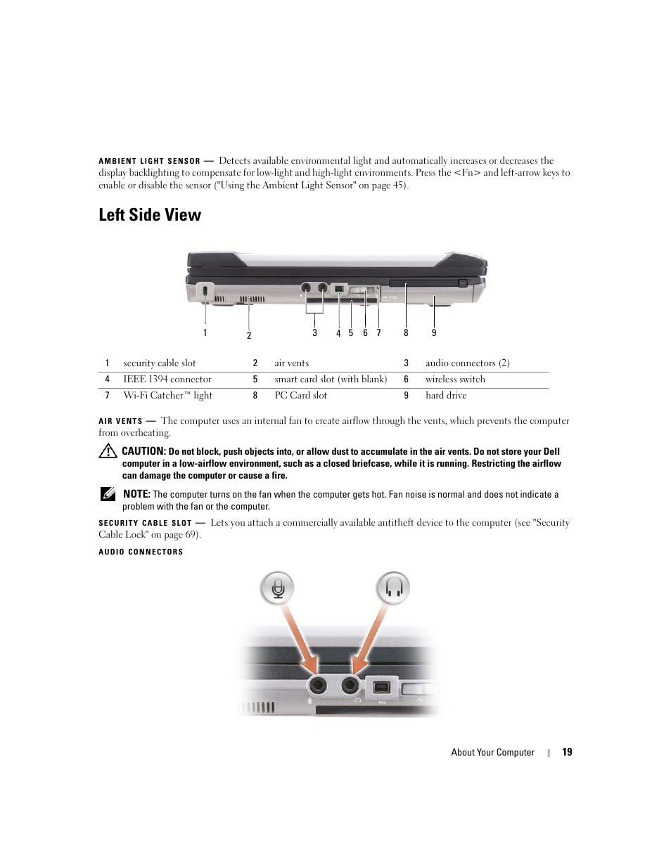 Left side view, Ambient light sensor | Dell Latitude D630 ATG (Mid 2007) User Manual | Page 19 / 166