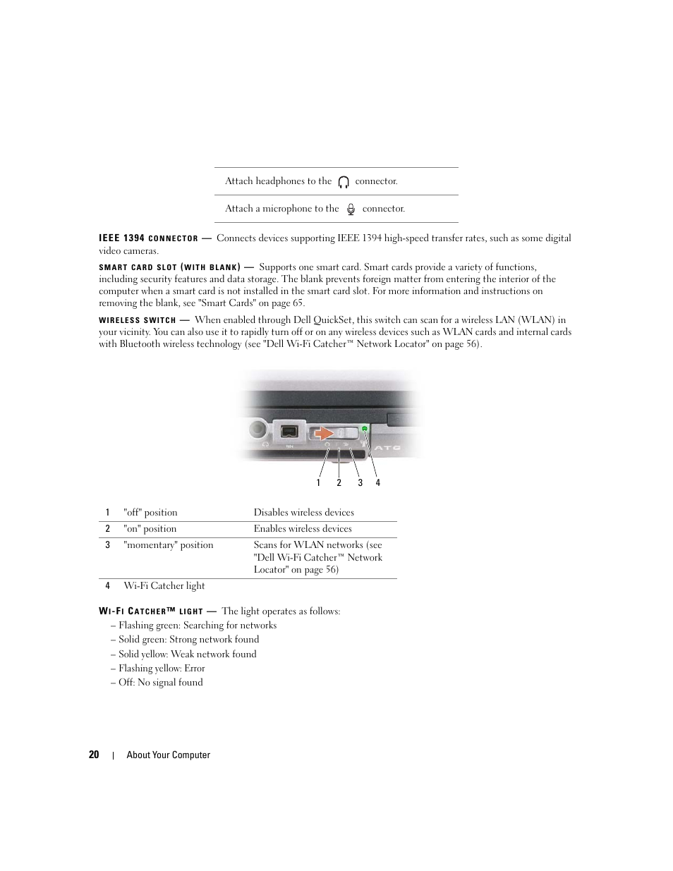 Ieee 1394 connector, Smart card slot (with blank), Wireless switch | Wi-fi catcher™ light | Dell Latitude D630 ATG (Mid 2007) User Manual | Page 20 / 166