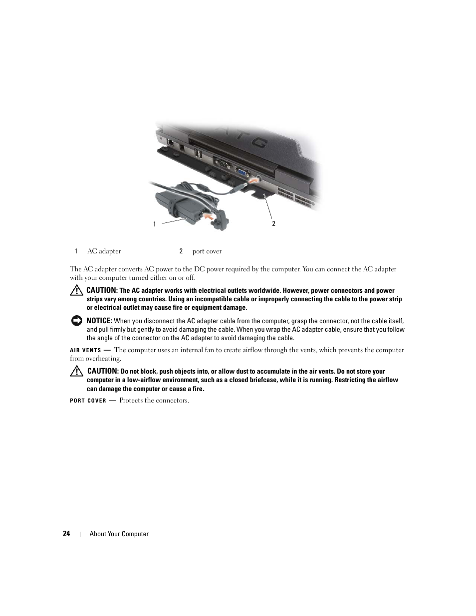 Air vents, Port cover | Dell Latitude D630 ATG (Mid 2007) User Manual | Page 24 / 166