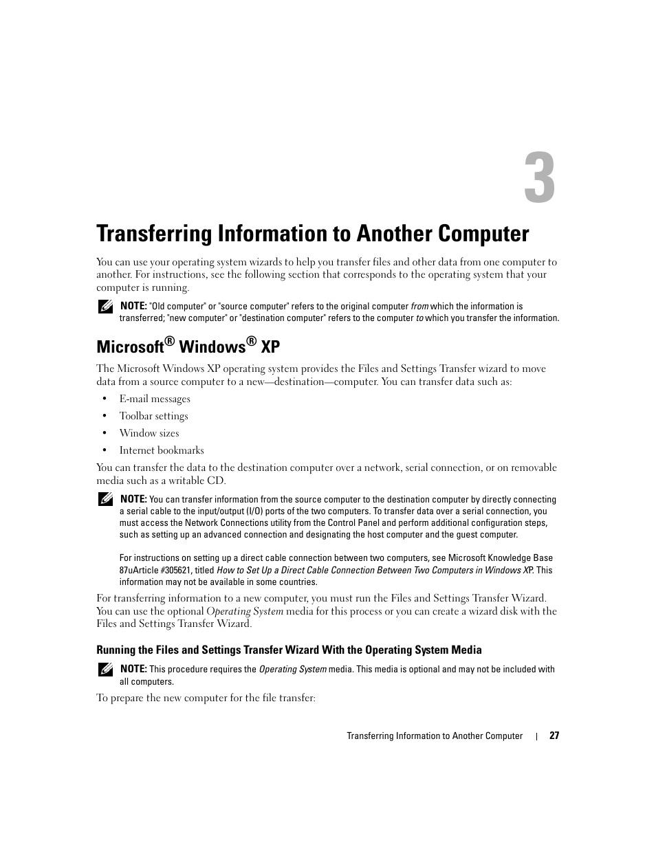 Transferring information to another computer, Microsoft® windows® xp, 3 transferring information to another computer | Microsoft, Windows | Dell Latitude D630 ATG (Mid 2007) User Manual | Page 27 / 166