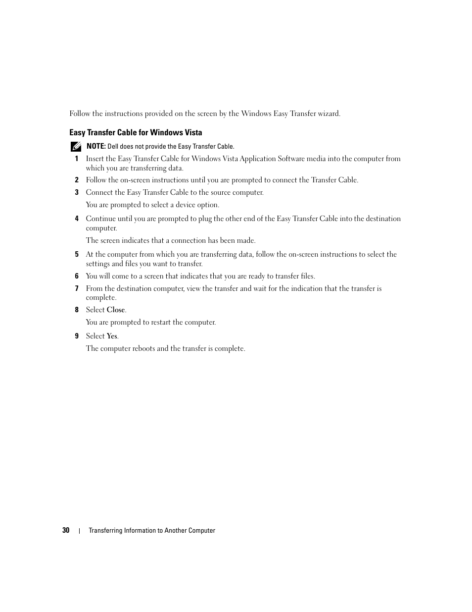 Easy transfer cable for windows vista | Dell Latitude D630 ATG (Mid 2007) User Manual | Page 30 / 166