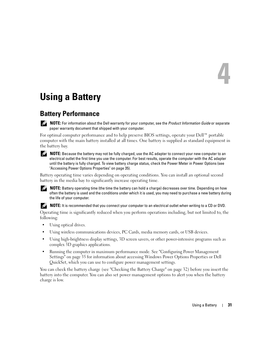 Using a battery, Battery performance, 4 using a battery | Dell Latitude D630 ATG (Mid 2007) User Manual | Page 31 / 166