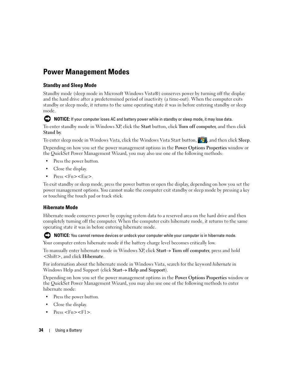 Power management modes, Standby and sleep mode, Hibernate mode | Dell Latitude D630 ATG (Mid 2007) User Manual | Page 34 / 166