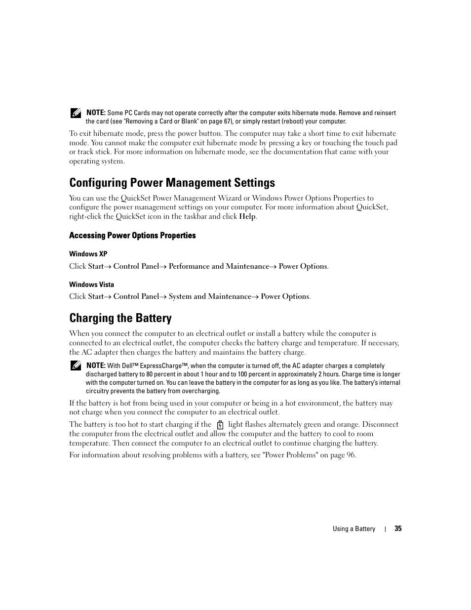 Configuring power management settings, Accessing power options properties, Charging the battery | See "configuring power management | Dell Latitude D630 ATG (Mid 2007) User Manual | Page 35 / 166