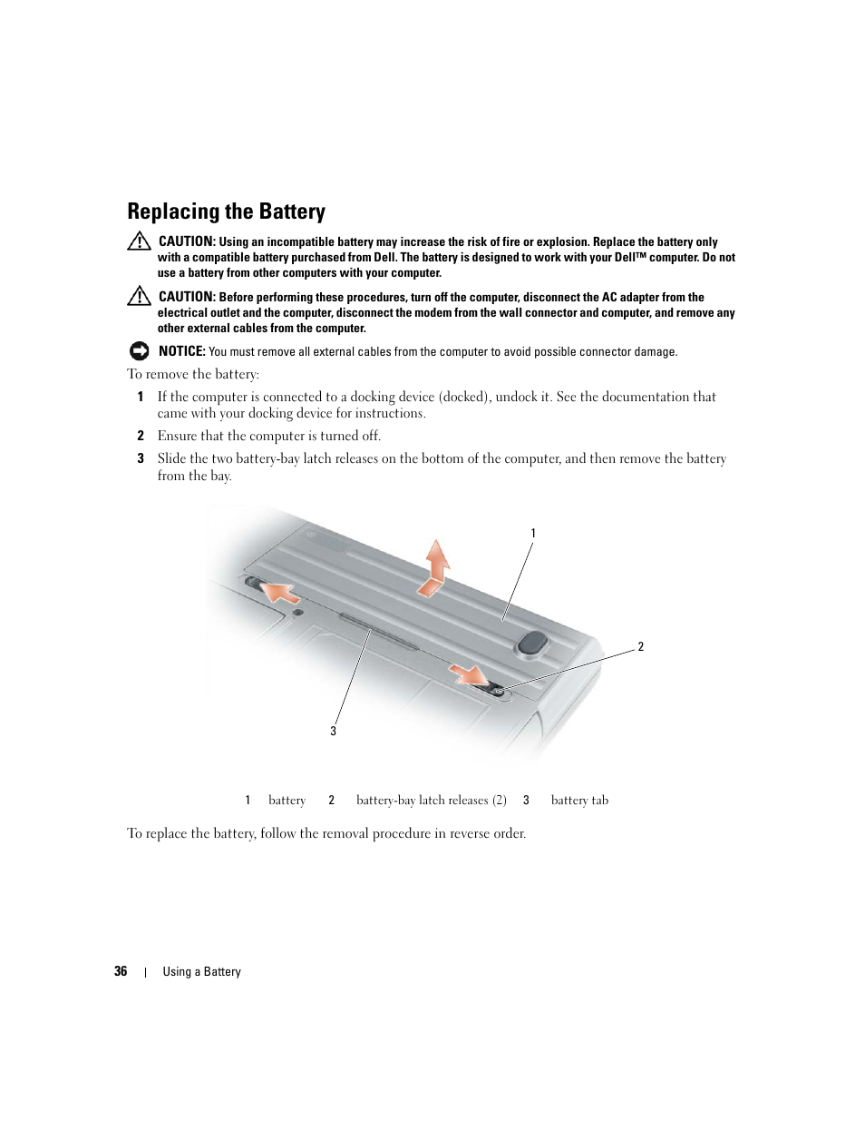 Replacing the battery | Dell Latitude D630 ATG (Mid 2007) User Manual | Page 36 / 166