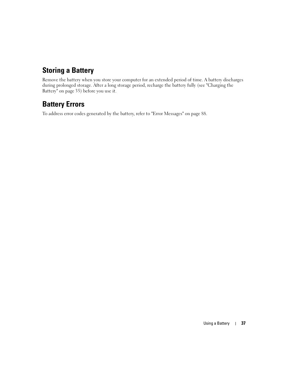 Storing a battery, Battery errors | Dell Latitude D630 ATG (Mid 2007) User Manual | Page 37 / 166